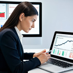 A focused professional female accountant, mid-30s, with a thoughtful, intelligent expression. She is dressed in a modest, dark professional business suit with a neat blouse, fully clothed, appropriate attire. She is seated at a sleek, minimalist desk in a bright, modern office. A large, transparent digital screen behind her displays intricate financial charts, predictive analytics, and data visualizations, illustrating her role in digital transformation. A laptop and tablet are open on her desk, showcasing financial software interfaces. The office features contemporary design elements. High-resolution, professional photography, soft ambient lighting, perfect anatomy, correct proportions, natural pose, well-formed hands, proper finger count, natural body proportions, safe for work, appropriate content, professional.