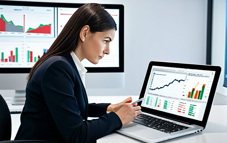 A focused professional female accountant, mid-30s, with a thoughtful, intelligent expression. She is dressed in a modest, dark professional business suit with a neat blouse, fully clothed, appropriate attire. She is seated at a sleek, minimalist desk in a bright, modern office. A large, transparent digital screen behind her displays intricate financial charts, predictive analytics, and data visualizations, illustrating her role in digital transformation. A laptop and tablet are open on her desk, showcasing financial software interfaces. The office features contemporary design elements. High-resolution, professional photography, soft ambient lighting, perfect anatomy, correct proportions, natural pose, well-formed hands, proper finger count, natural body proportions, safe for work, appropriate content, professional.